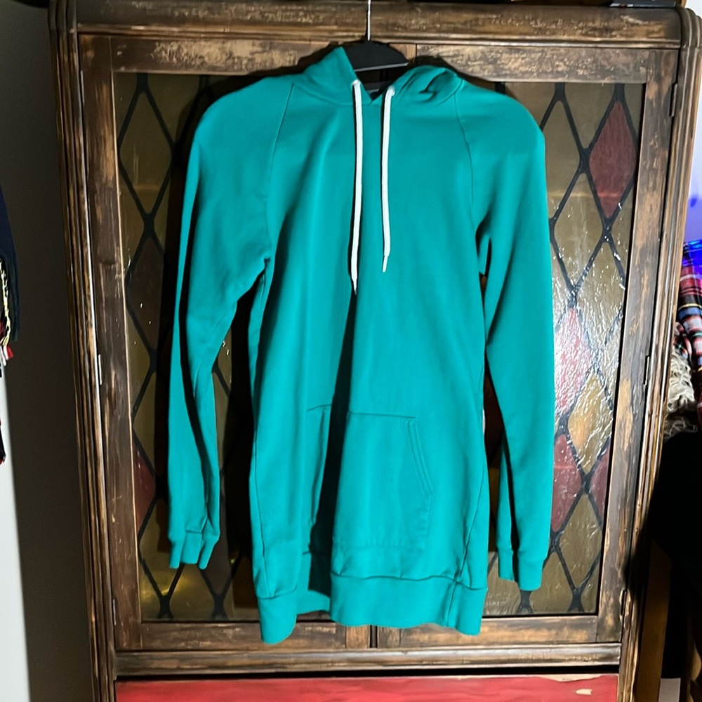 Turquoise California fleece by American Apparel long sleeve hooded sweatshirt.